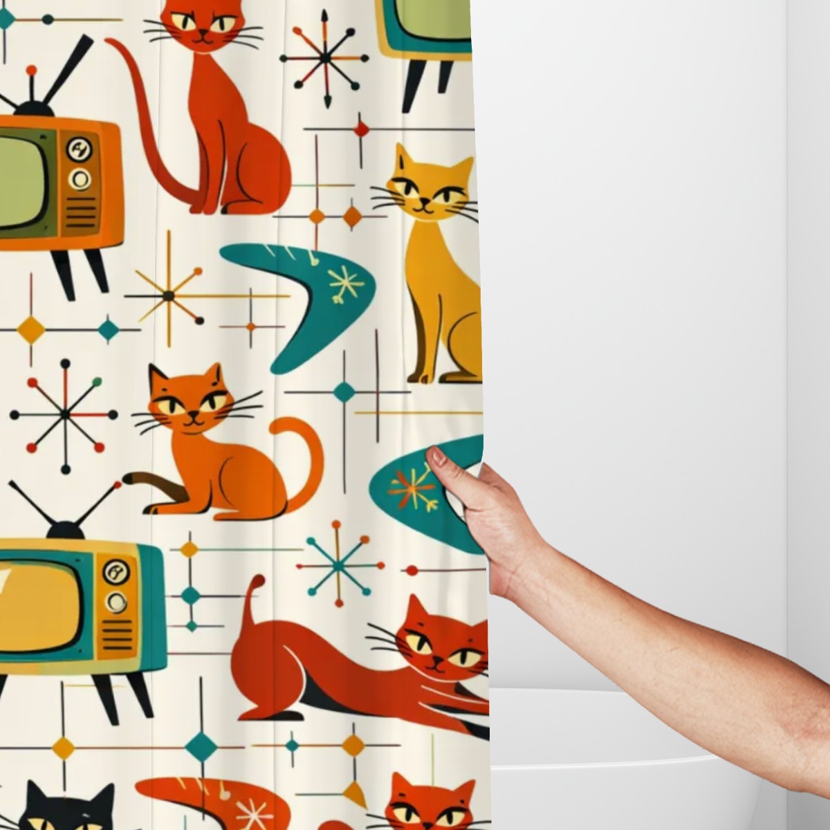 📺 Atomic Cat TV Shower Curtain – MCM Bathroom Statement