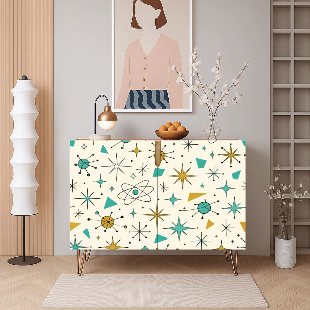 Atomic Starburst Mid-Century Modern Wooden Storage Cabinet - Kitsch &amp; Chic! 🚀