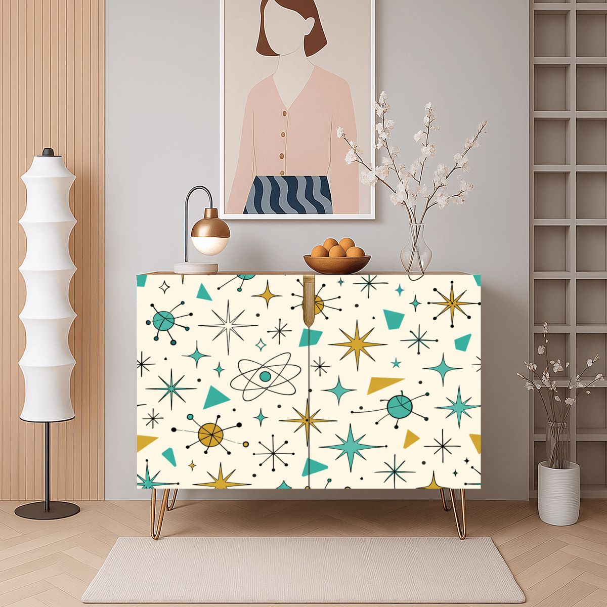 Atomic Starburst Mid-Century Modern Wooden Storage Cabinet - Kitsch &amp; Chic! 🚀