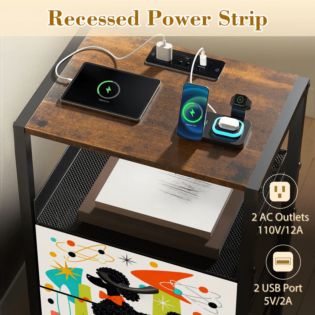 🐩 Atomic Poodle 2‑Drawer Bedside Table with Built‑In Power Strip