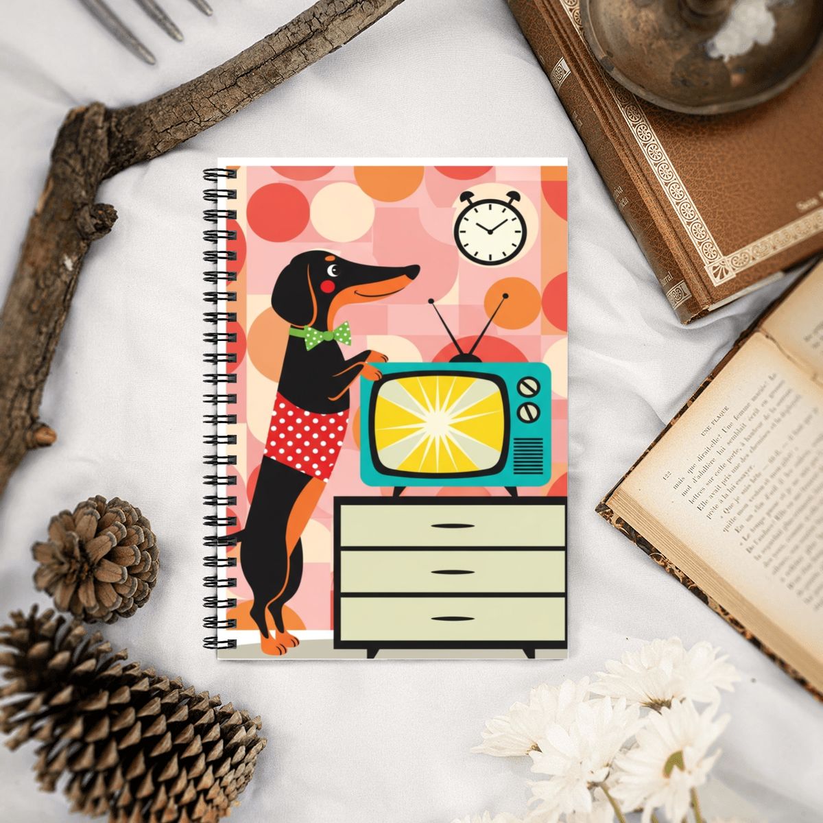 📓 Atomic Kitsch Spiral Notebook – Dachshund TV Diva Edition