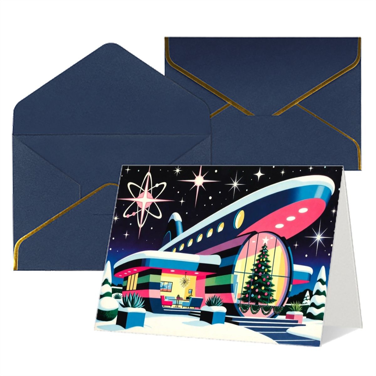 🚀 Atomic Kitsch Golden Edge Greeting Card – Spaceport Christmas Edition (Horizontal)
