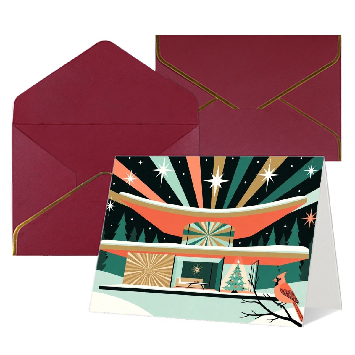 🌞 Atomic Kitsch Golden Edge Greeting Card – Sunburst & Silhouette Edition (Horizontal)