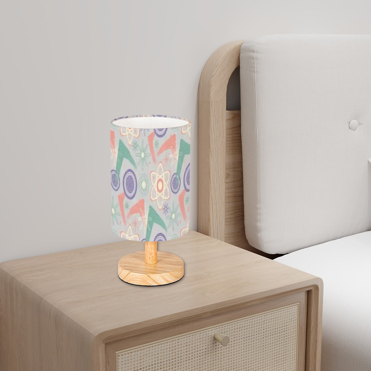💡 Atomic Kitsch Cylindrical Table Lamp – Pastel Abstract Edition