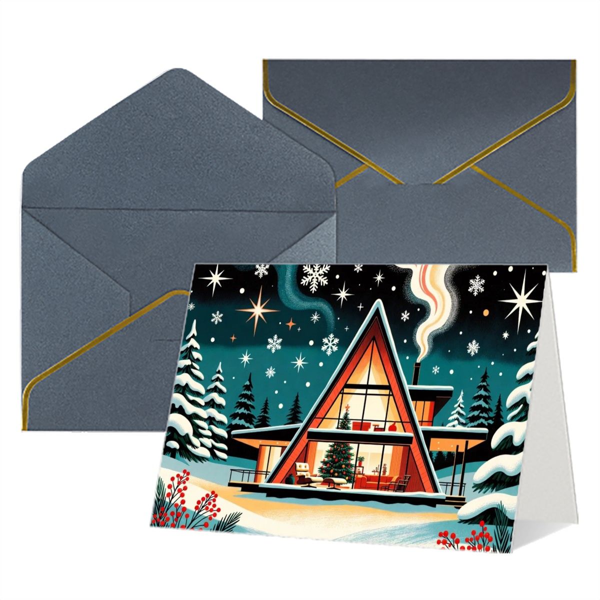 🏡 Atomic Kitsch Golden Edge Greeting Card – A-Frame Cabin Winter Edition (Horizontal)