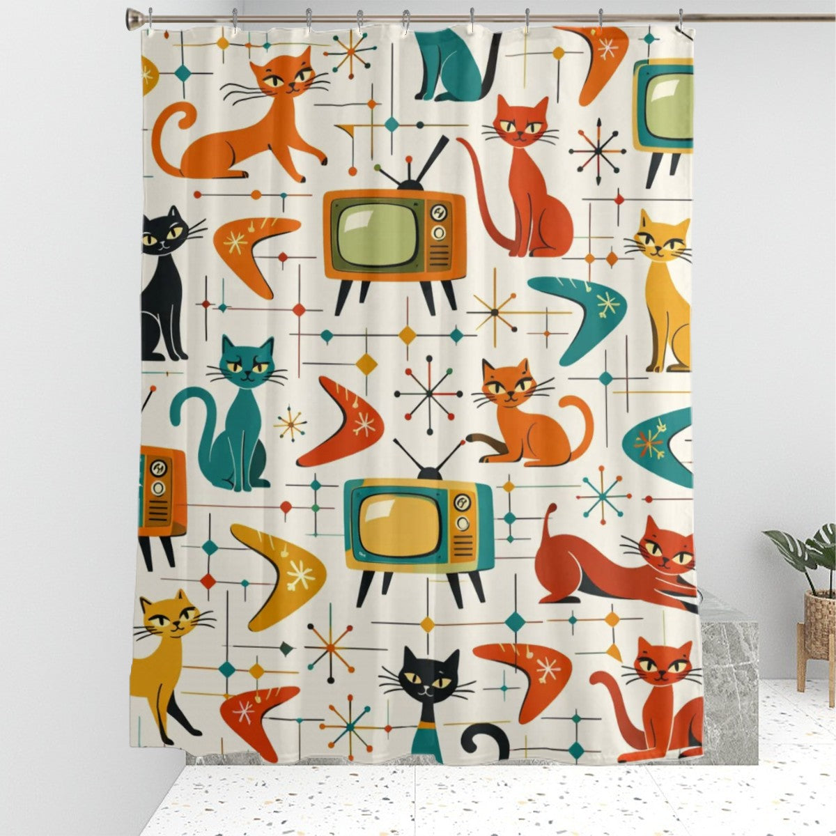📺 Atomic Cat TV Shower Curtain – MCM Bathroom Statement