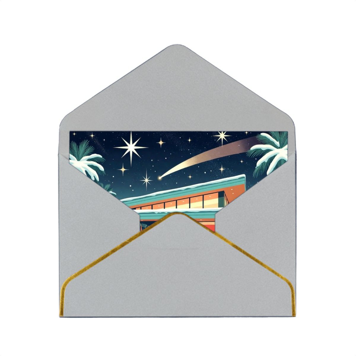 🏡 Atomic Kitsch Golden Edge Greeting Card – Mid-Century Palm Cabin Edition (Horizontal)