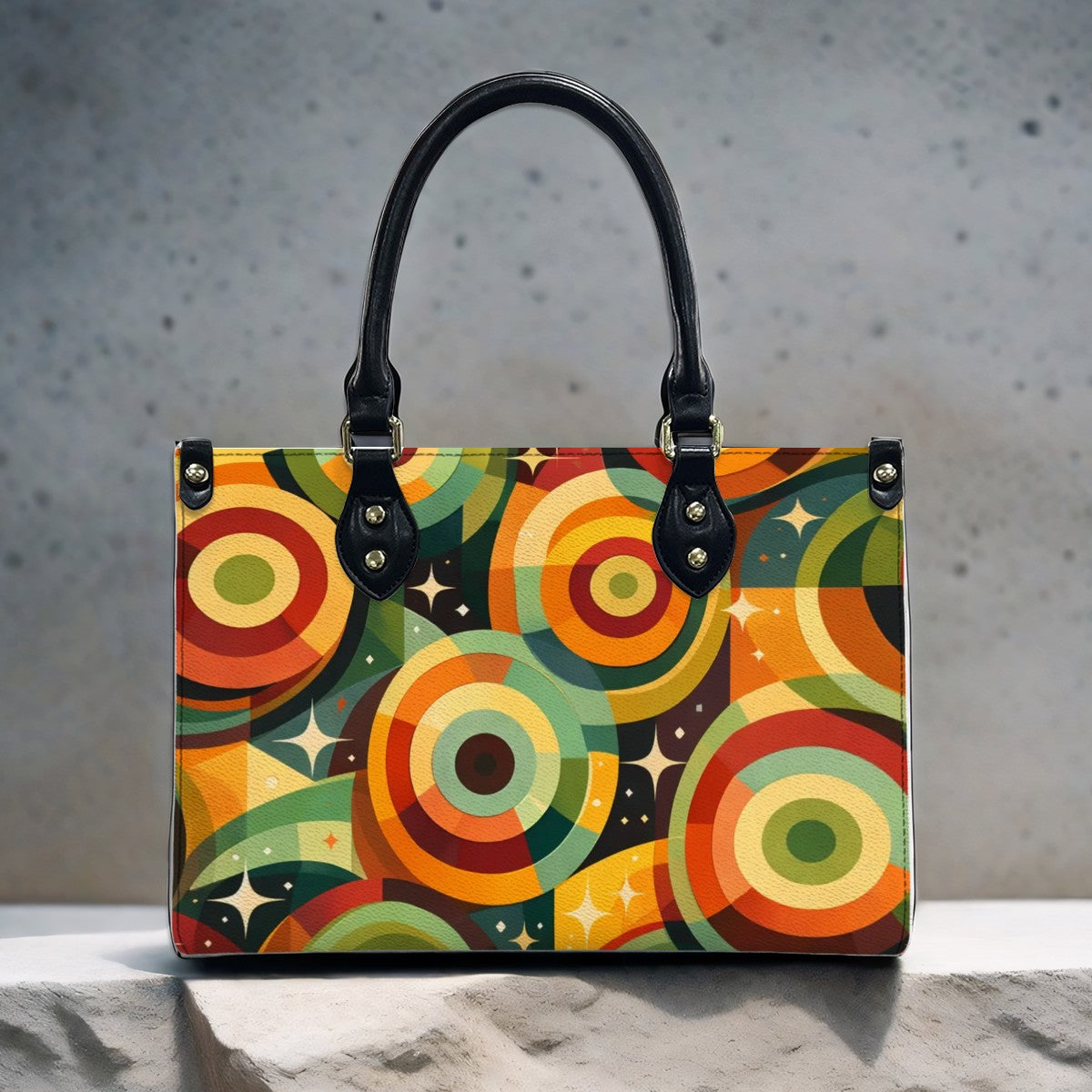 Retro Rings & Starbursts PU Tote Bag - Carry Your Kitsch in Style!
