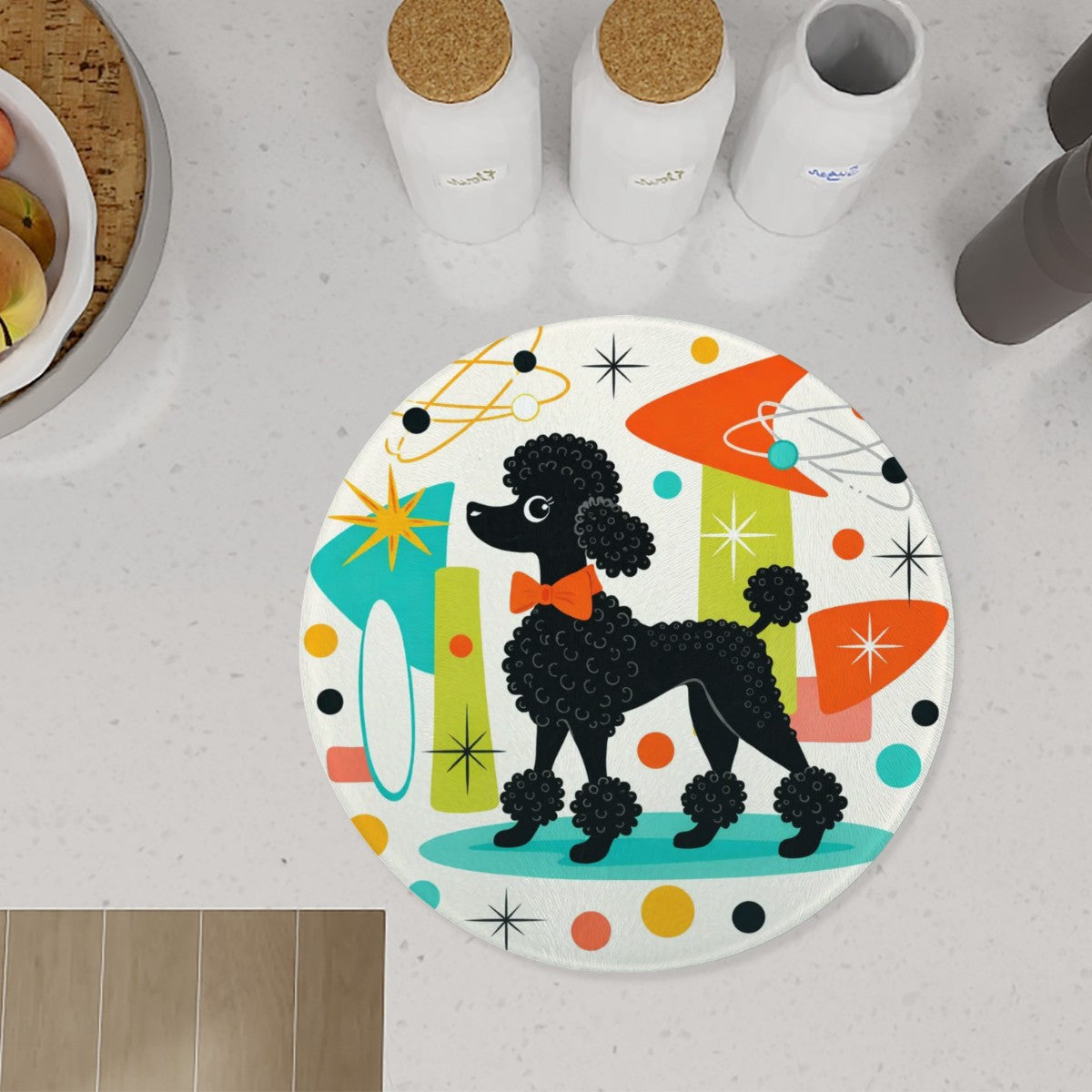 Atomic Poodle Zing! Round Tempered Glass Cutting Board – Kitsch & Chic!
