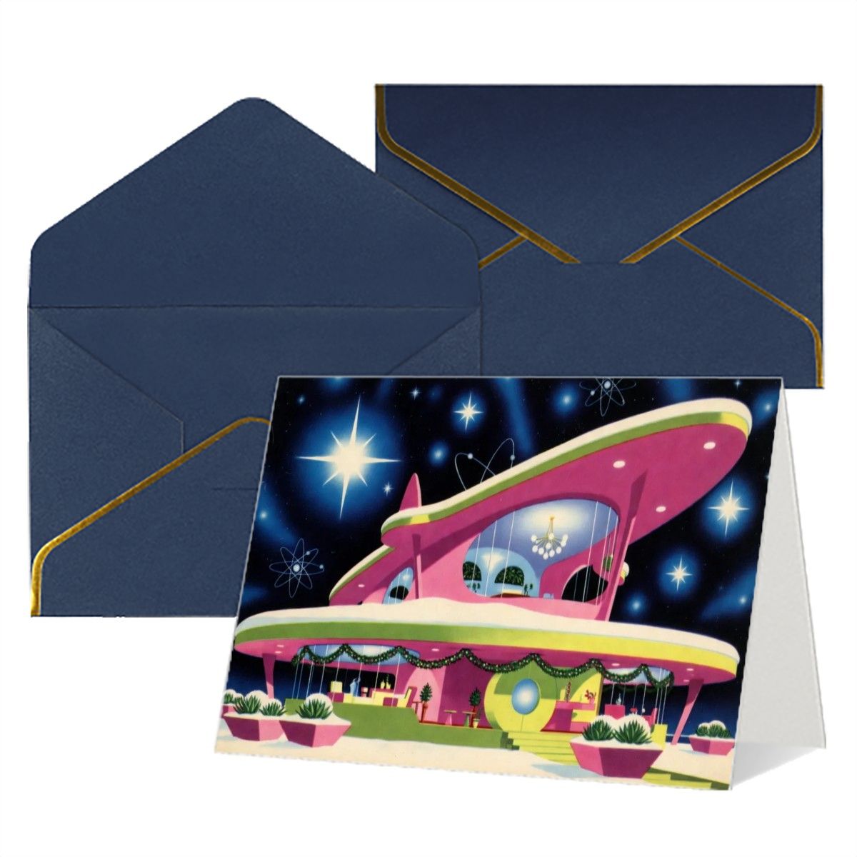 👽 Atomic Kitsch Golden Edge Greeting Card – Alien Holiday Spacecraft Edition (Horizontal)