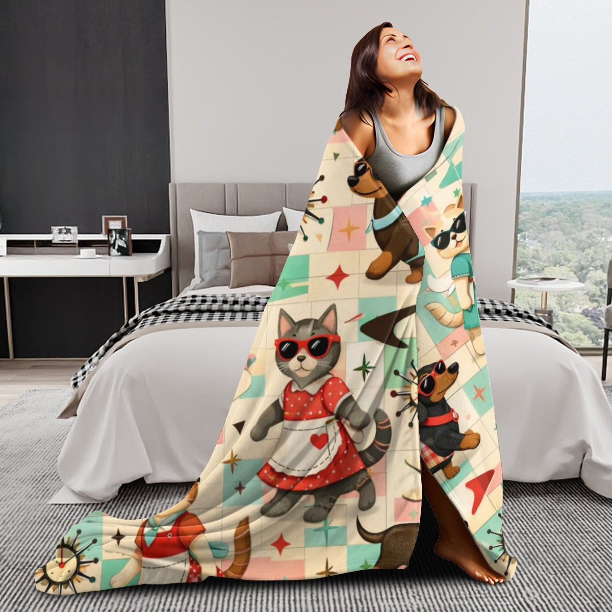 🐾 Atomic Kitsch Flannel Throw Blanket – Nautical Cats & Dogs Edition