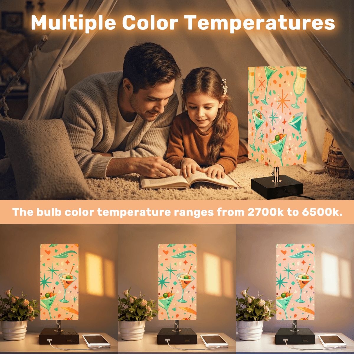 🔌 Atomic Kitsch Square Table Lamp – Starburst USB Edition (No Trim)