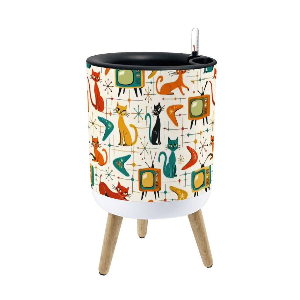 🌿 Atomic Kitsch Flower Pot with Legs – Retro Cats &amp; TV Planter