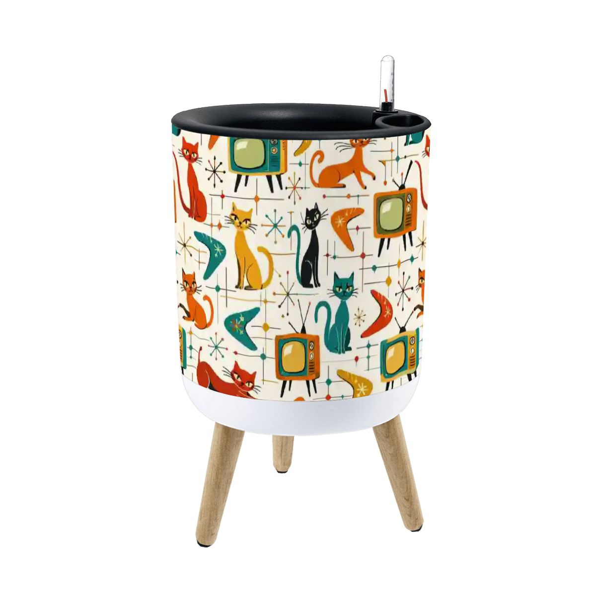 🌿 Atomic Kitsch Flower Pot with Legs – Retro Cats &amp; TV Planter