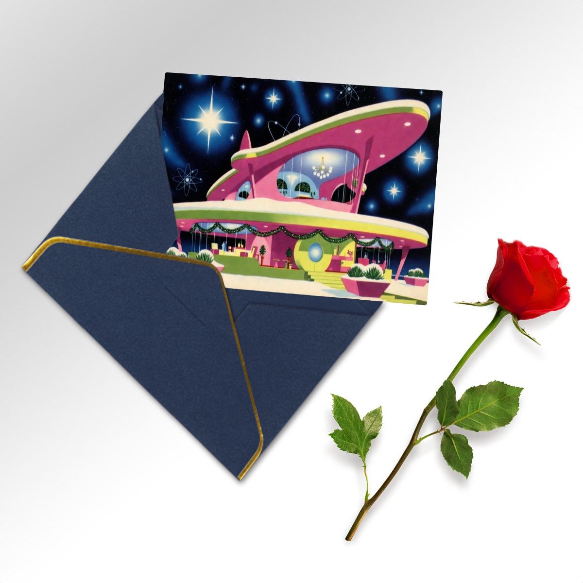 👽 Atomic Kitsch Golden Edge Greeting Card – Alien Holiday Spacecraft Edition (Horizontal)