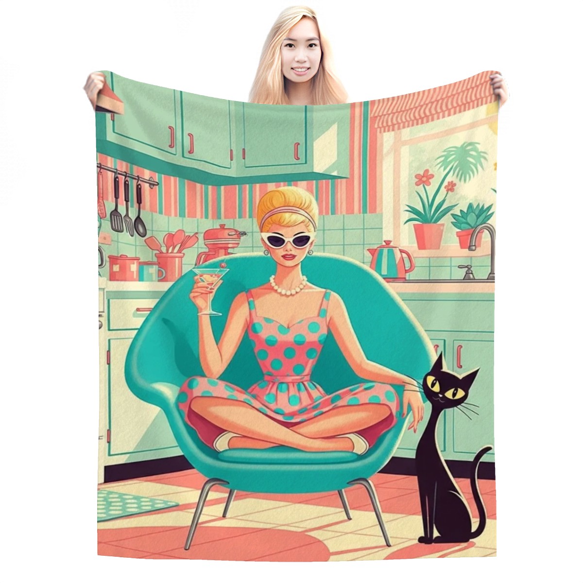 🛋️ Atomic Kitsch Flannel Throw Blanket – Retro Kitchen Queen Edition (Vertical)