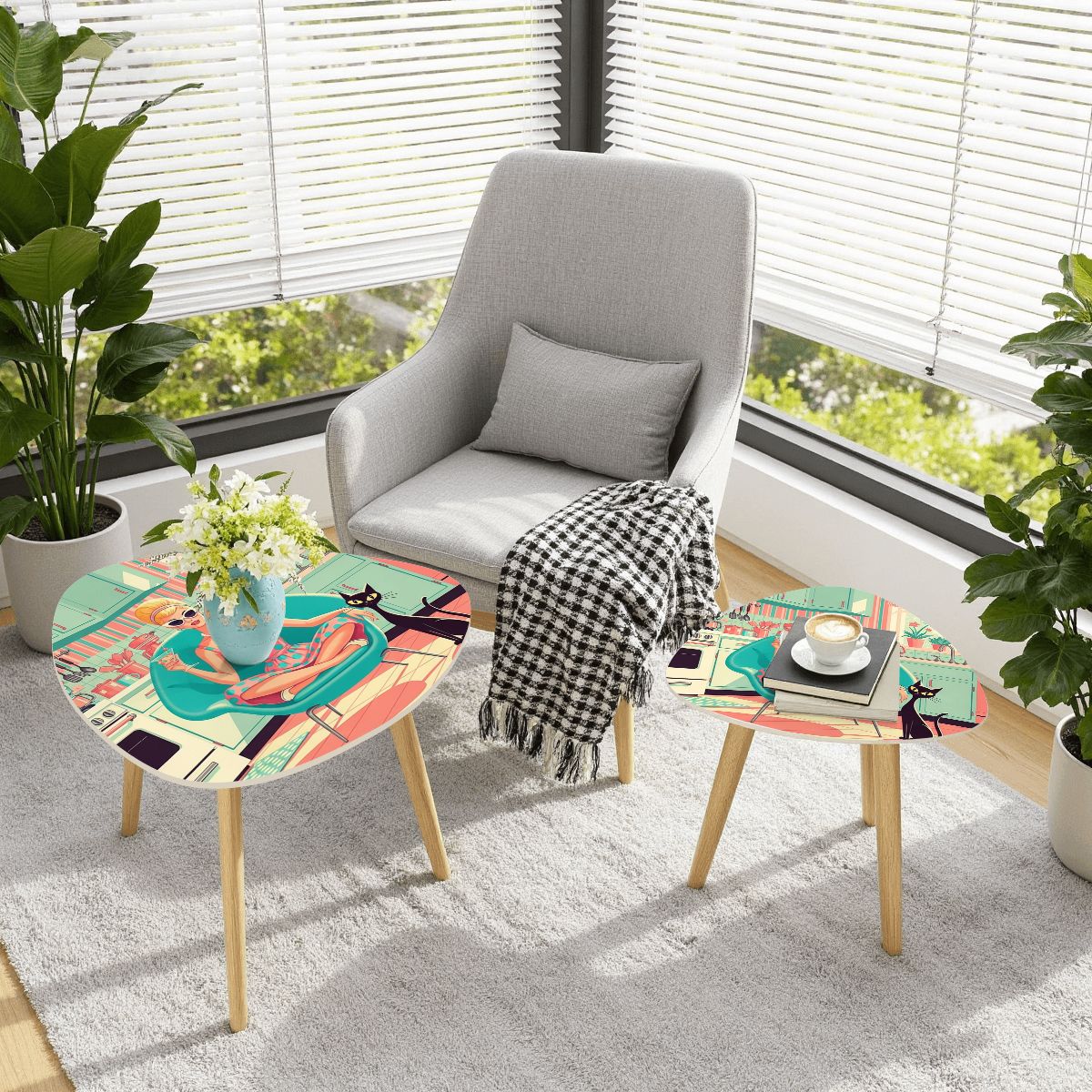 🎹 Atomic Lounge Triangle Coffee Table Set – MCM Nesting Duo (Made in USA)