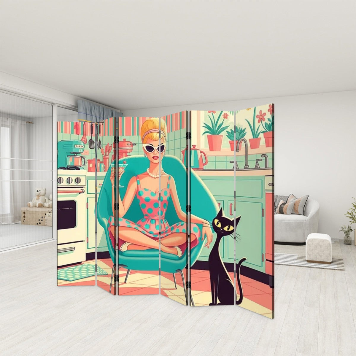 🪞 Atomic Kitchen Diva Room Divider – 6-Panel Folding Screen