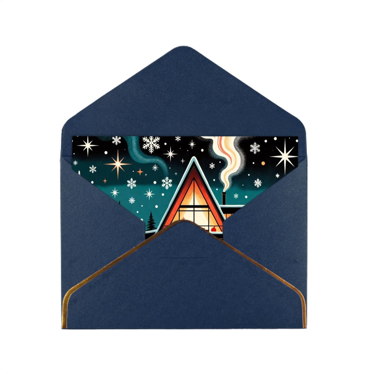 🏡 Atomic Kitsch Golden Edge Greeting Card – A-Frame Cabin Winter Edition (Horizontal)