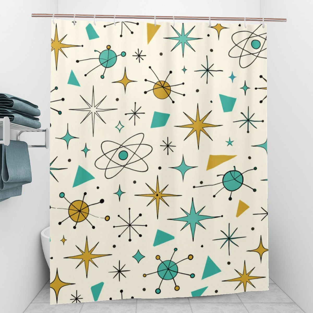 Atomic Stardust Bathroom Shower Curtain - Blast Off to Bathtime Bliss!