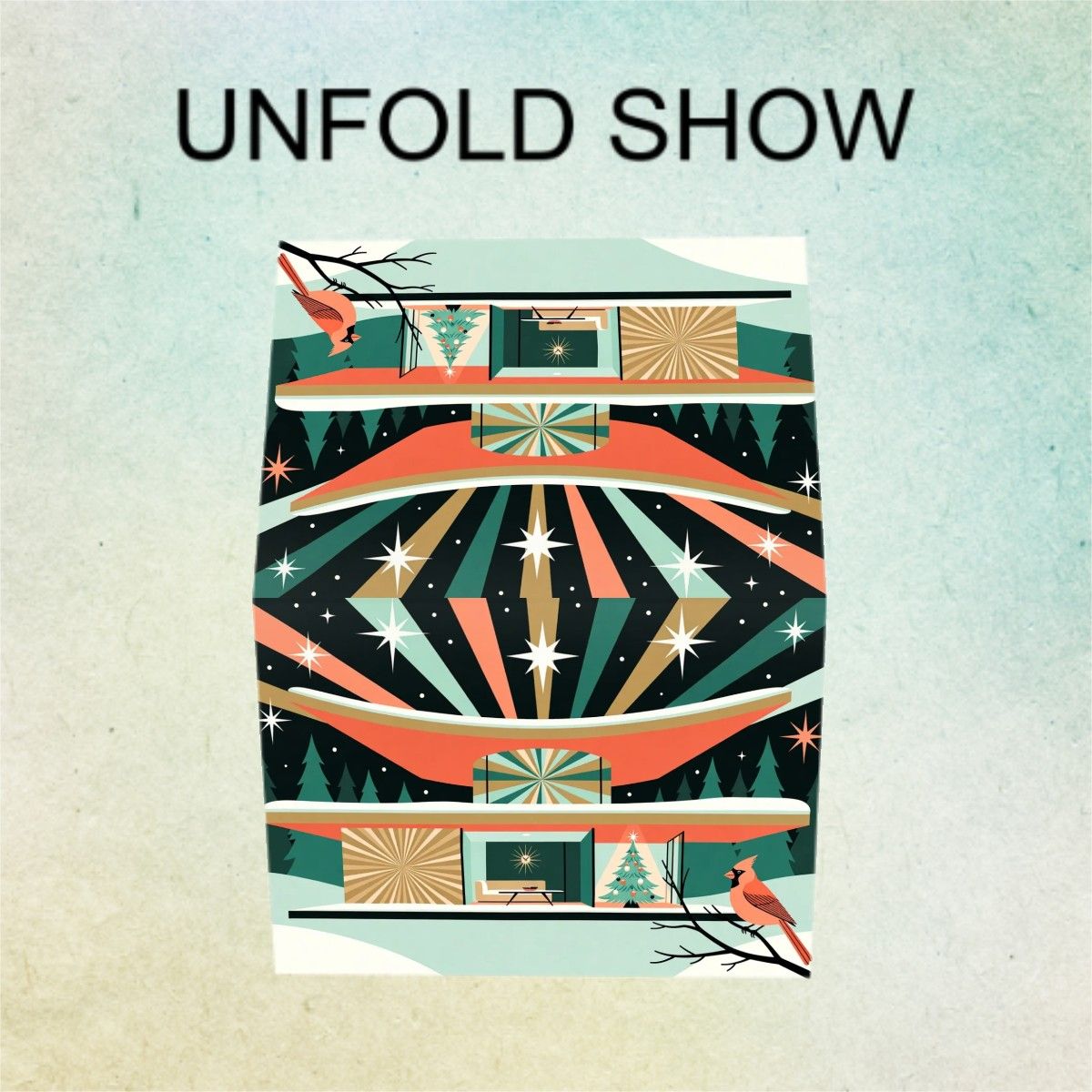 🌞 Atomic Kitsch Golden Edge Greeting Card – Sunburst & Silhouette Edition (Horizontal)