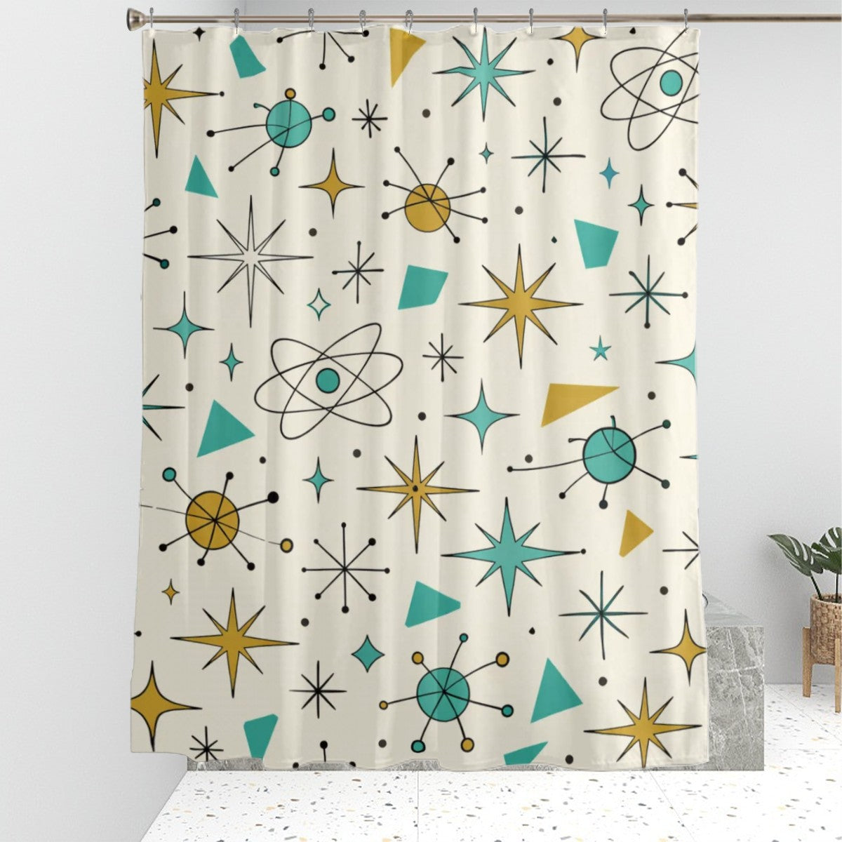 Atomic Stardust Bathroom Shower Curtain - Blast Off to Bathtime Bliss!