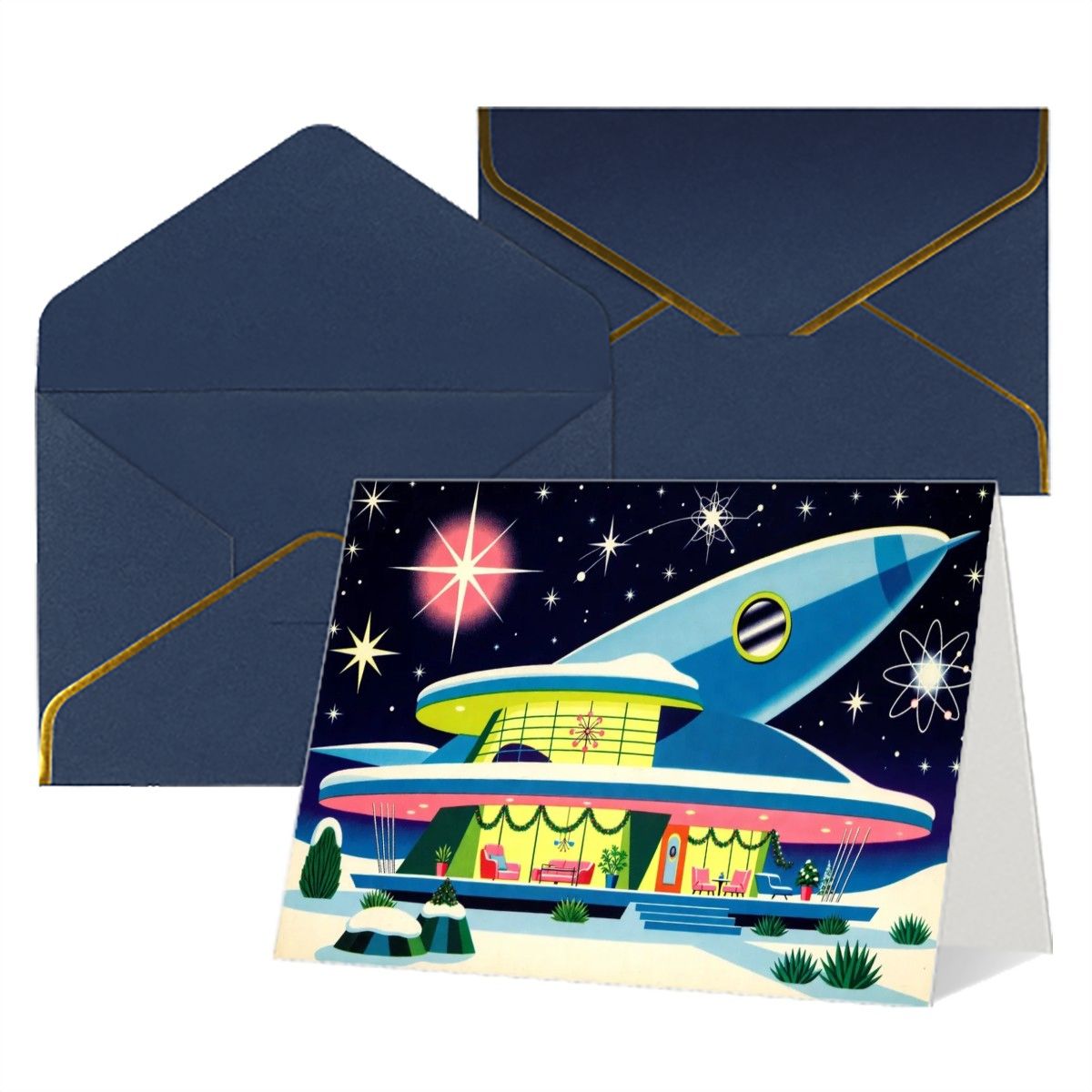 🚀 Atomic Kitsch Golden Edge Greeting Card – Rocket & Retro Building Edition (Horizontal)