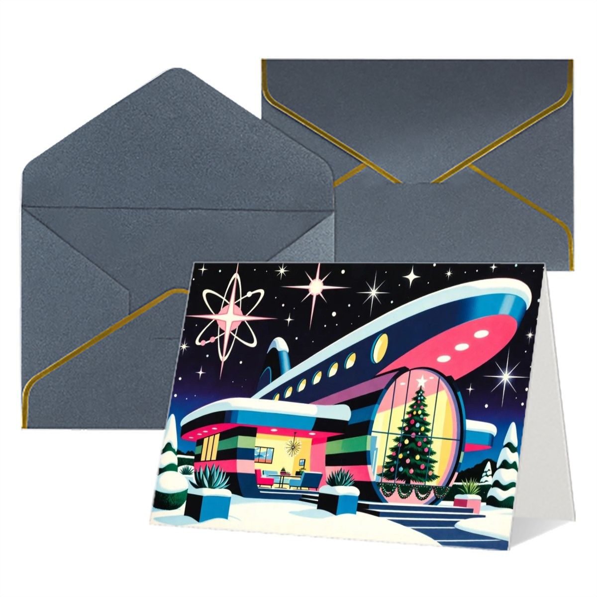 🚀 Atomic Kitsch Golden Edge Greeting Card – Spaceport Christmas Edition (Horizontal)