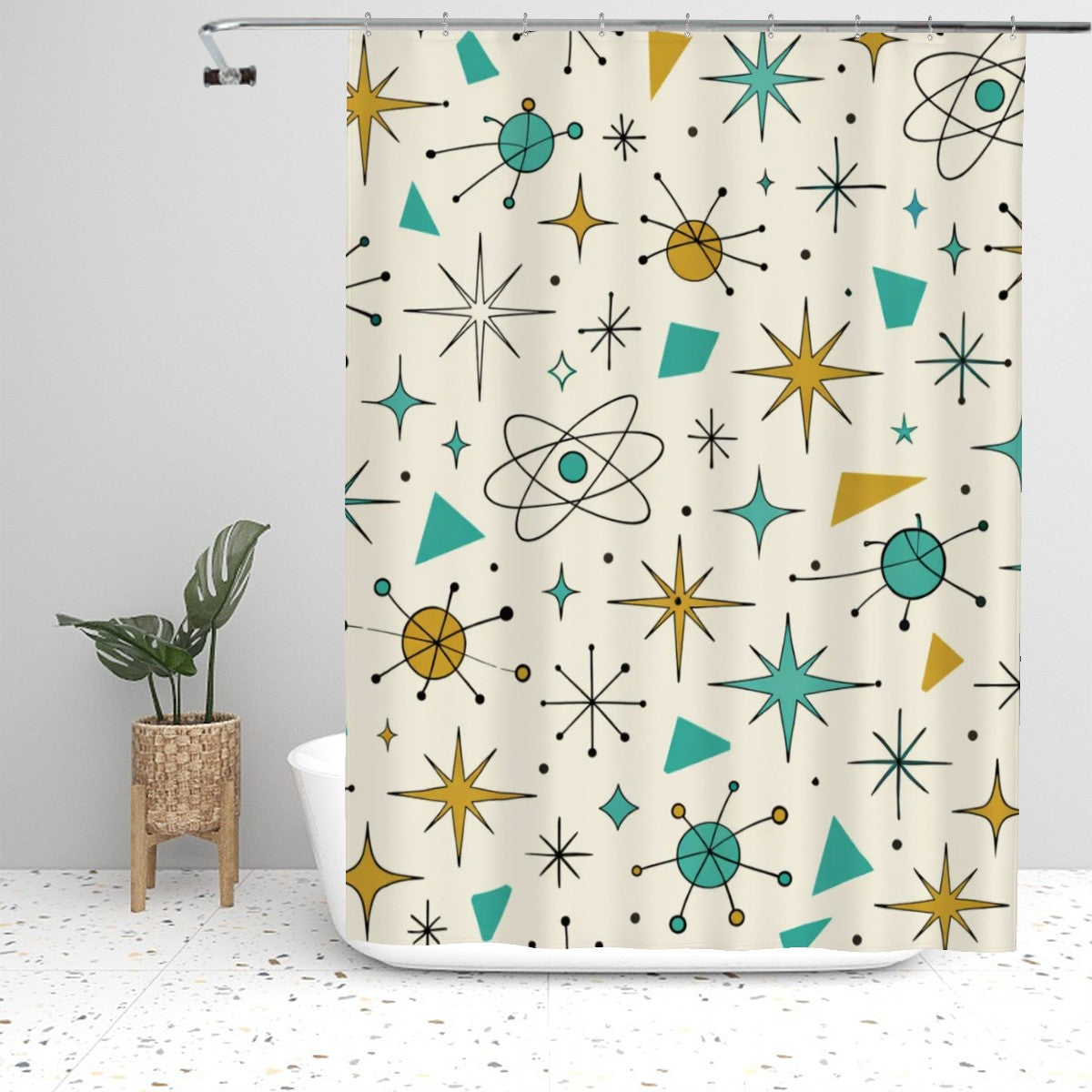 Atomic Stardust Bathroom Shower Curtain - Blast Off to Bathtime Bliss!