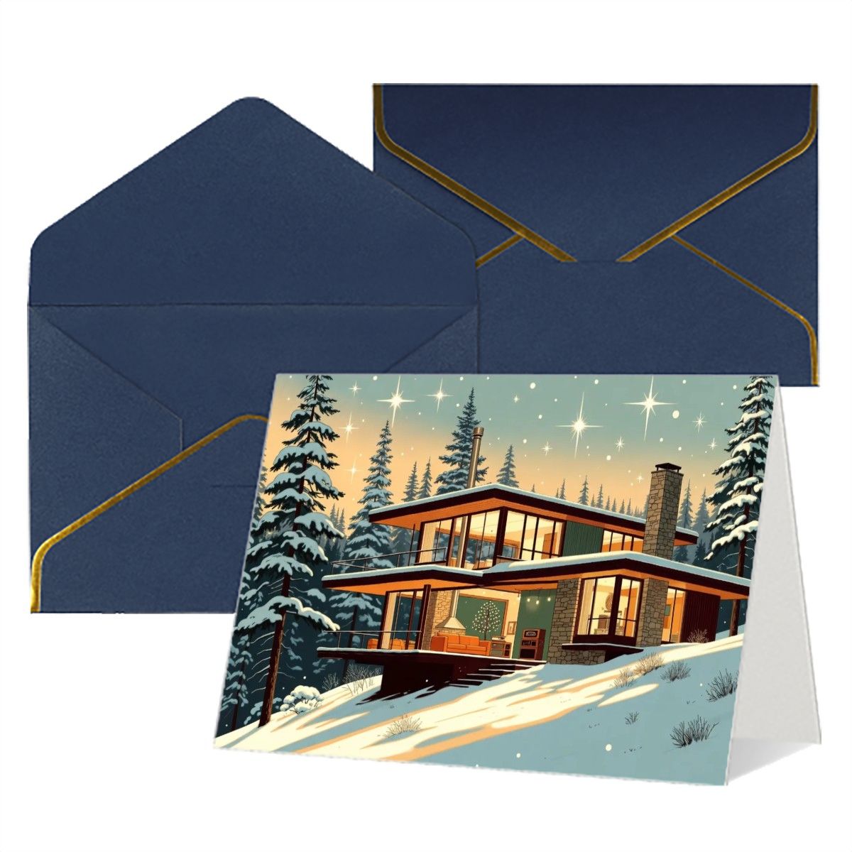 🌲 Atomic Kitsch Golden Edge Greeting Card – Cabin in the Snow Edition (Horizontal)