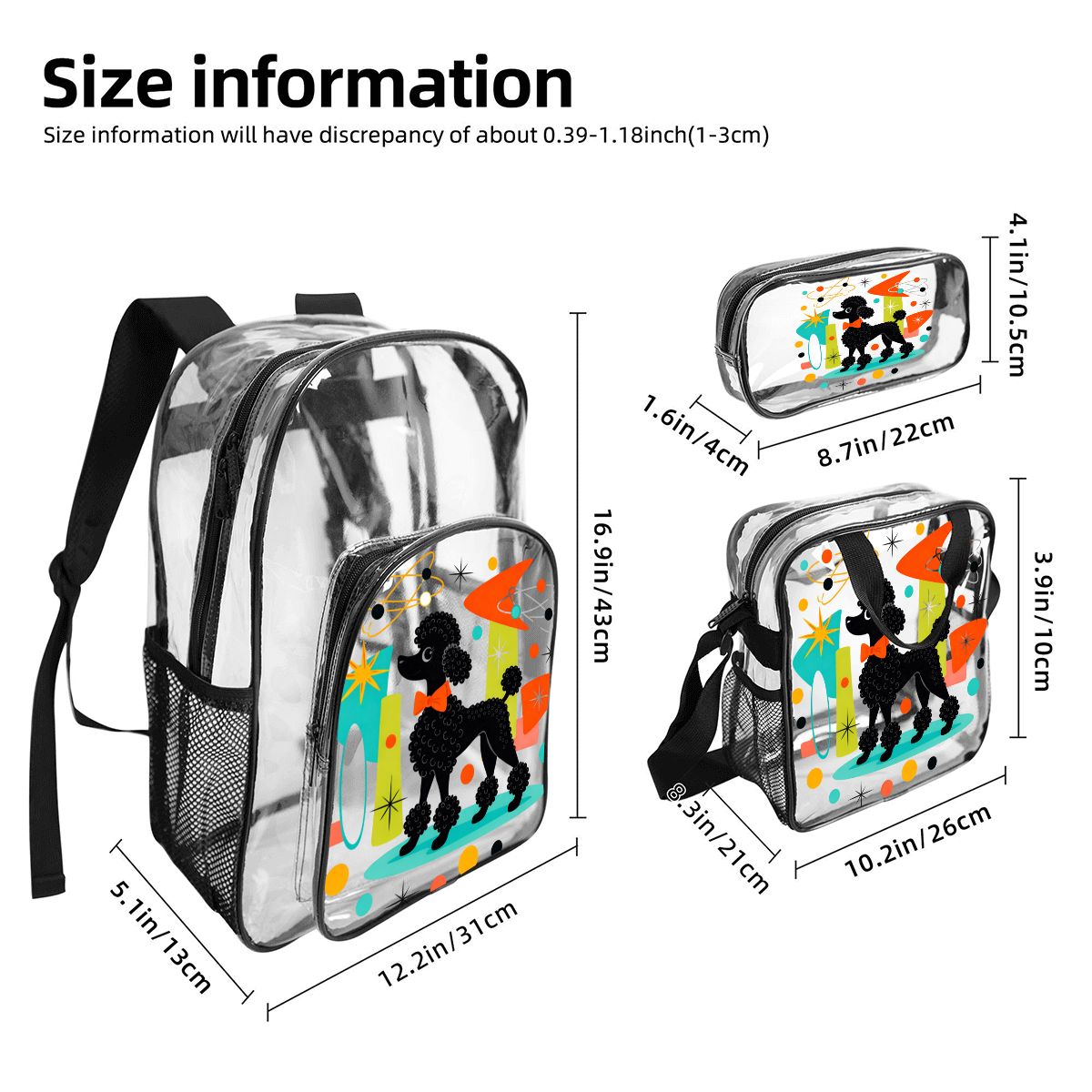 🐩 Atomic Poodle Clear Backpack Set of 3 – Backpack, Lunch Bag & Pencil Case