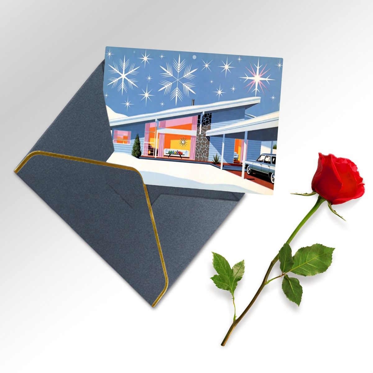 🎆 Atomic Kitsch Golden Edge Greeting Card – Fireworks &amp; Festive Lights Edition (Horizontal)