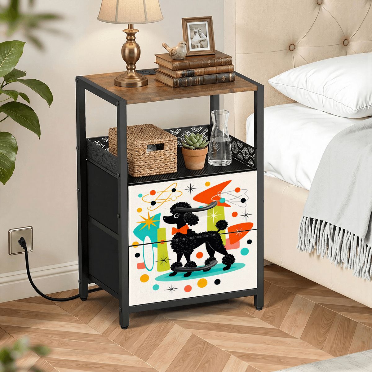🐩 Atomic Poodle 2‑Drawer Bedside Table with Built‑In Power Strip