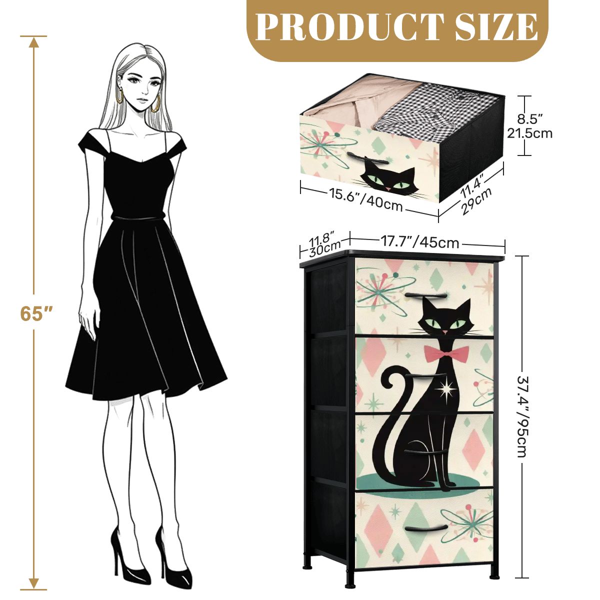 🐾 Atomic Cat 4-Drawer Dresser – MCM Storage with Faux-Leather Finish