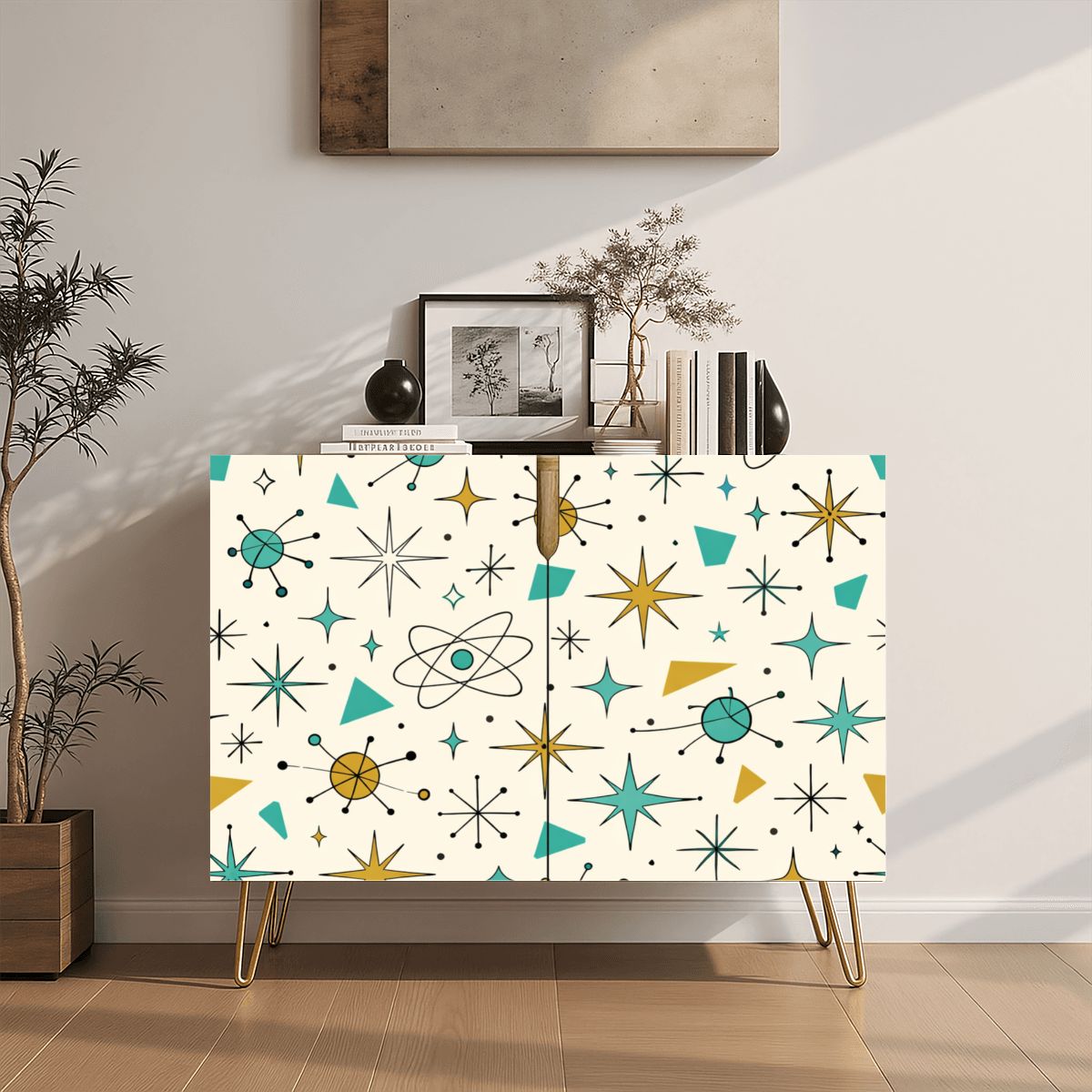 Atomic Starburst Mid-Century Modern Wooden Storage Cabinet - Kitsch &amp; Chic! 🚀