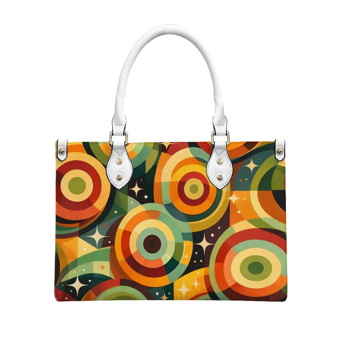 Retro Rings & Starbursts PU Tote Bag - Carry Your Kitsch in Style!