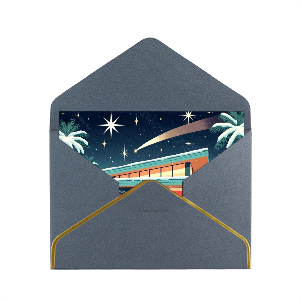 🏡 Atomic Kitsch Golden Edge Greeting Card – Mid-Century Palm Cabin Edition (Horizontal)