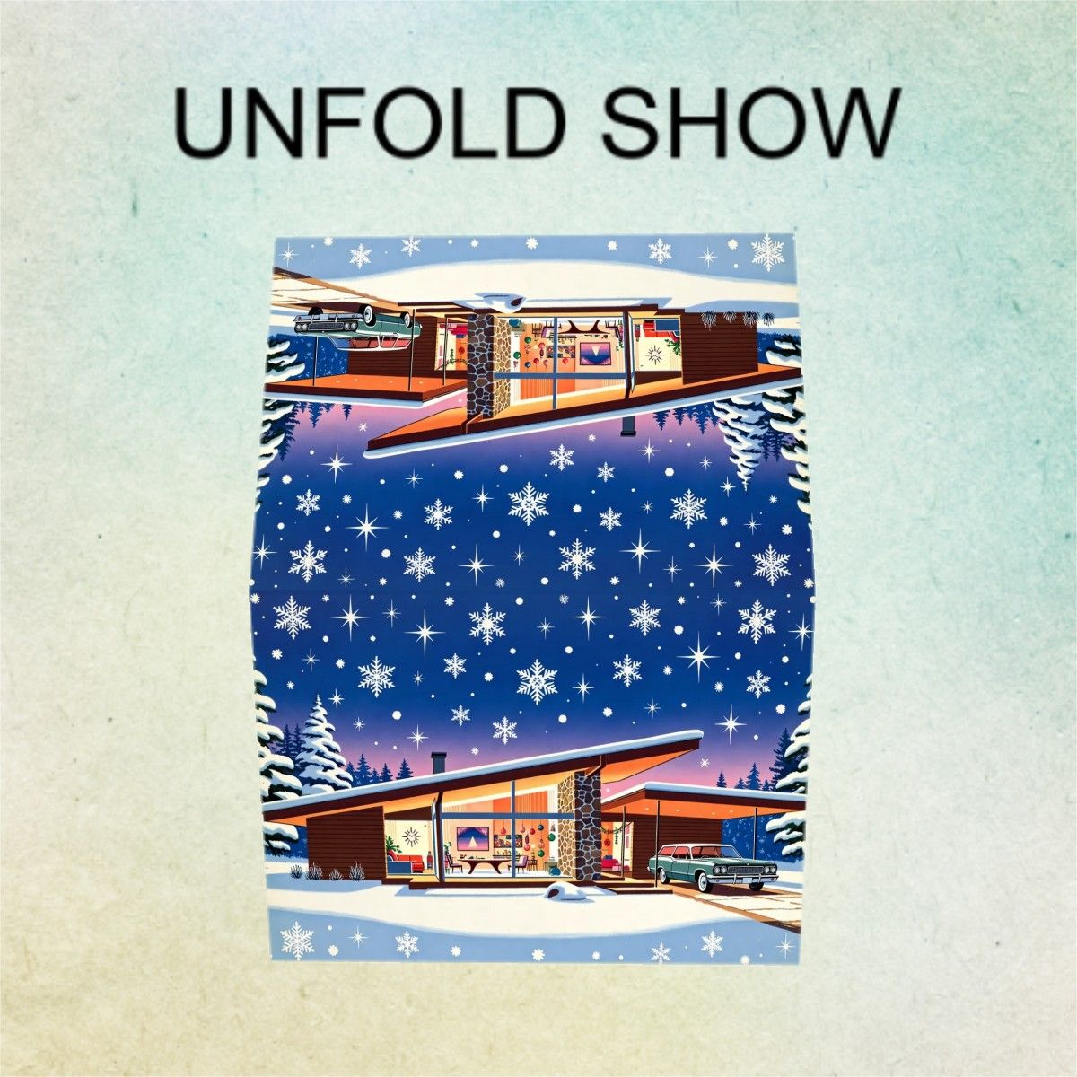 🏡 Atomic Kitsch Golden Edge Greeting Card – Snowy Modern House Edition (Horizontal)