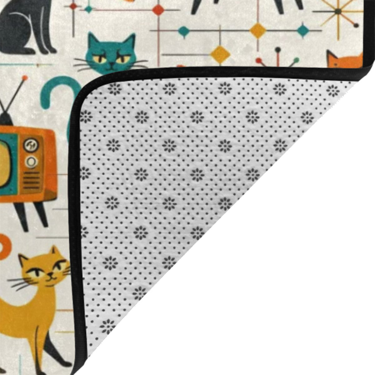 🐾 Atomic Kitsch Area Rug – Retro Cats, TVs & Starbursts in Soft Flannel
