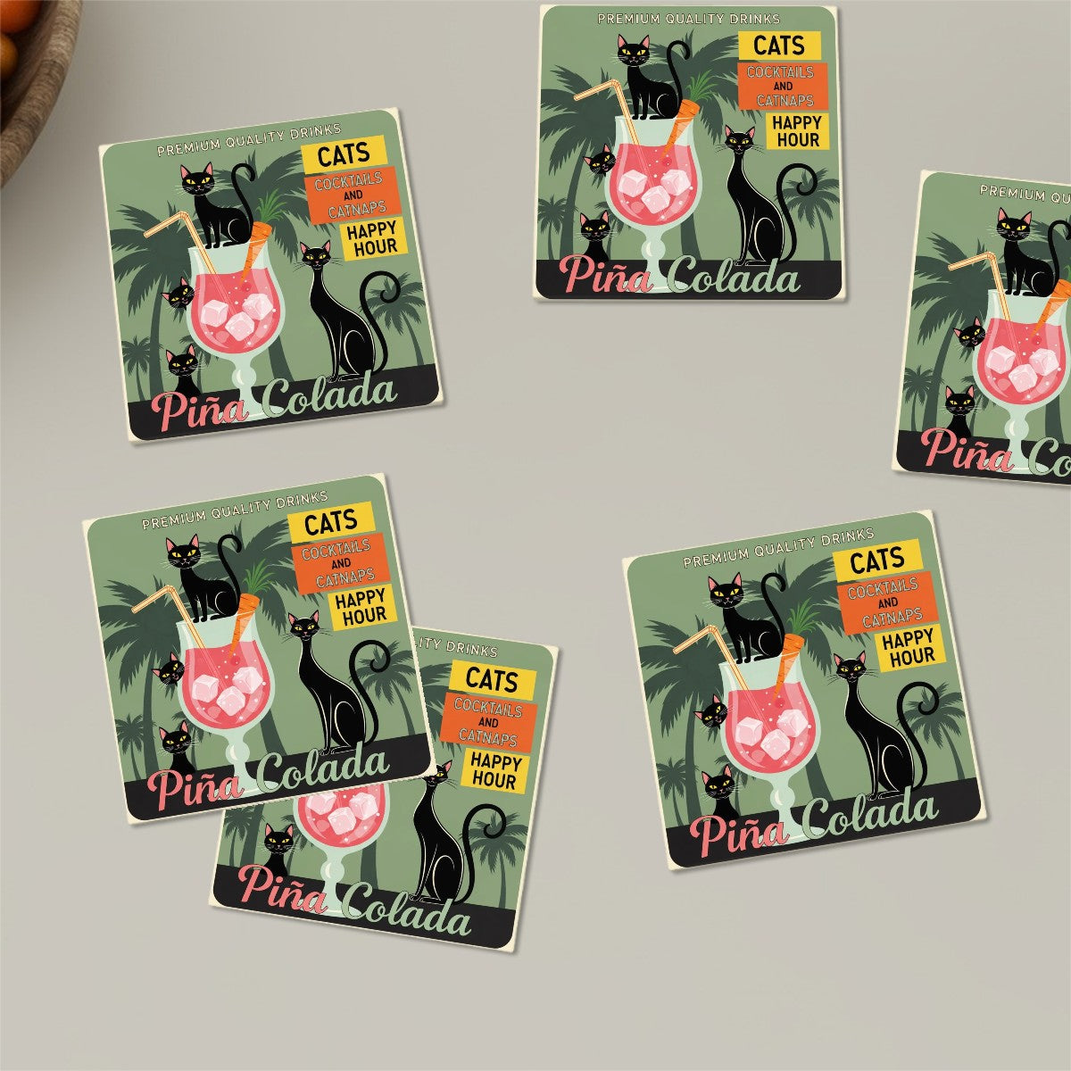 🍹 Cats & Cocktails Ceramic Coaster Set – 6-Piece MCM Happy Hour Edition
