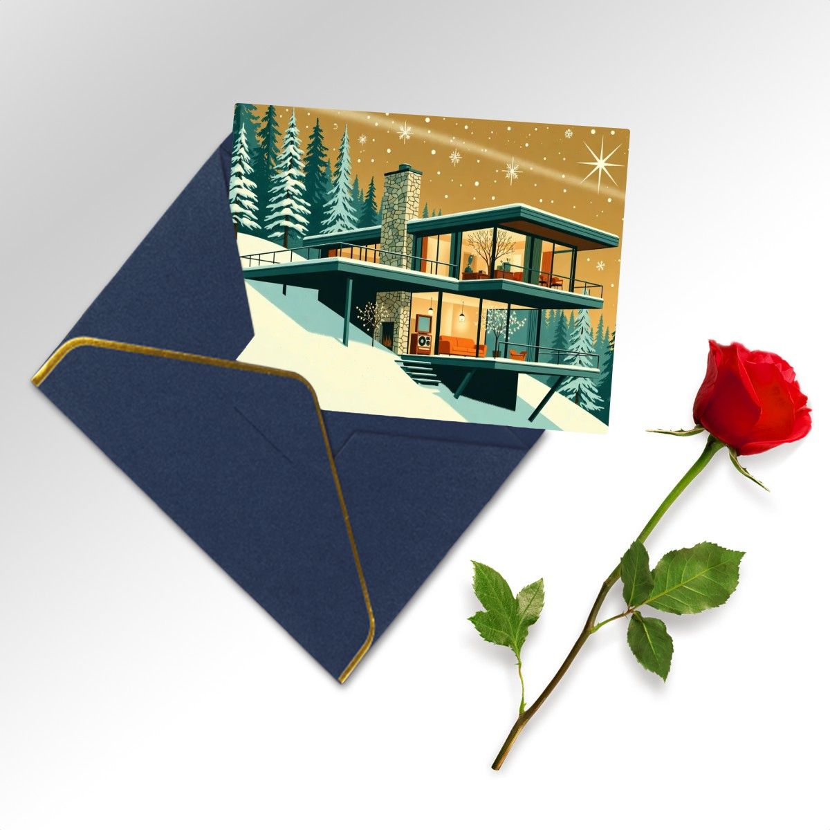 🏠 Atomic Kitsch Golden Edge Greeting Card – Modern Cabin in Snow Edition (Horizontal)