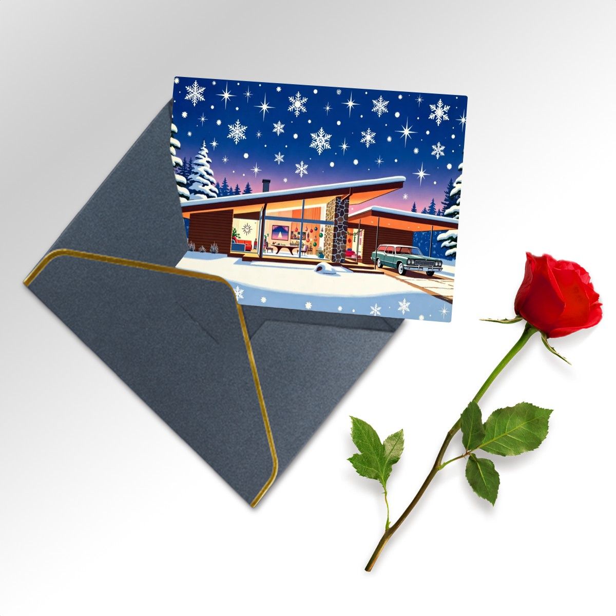 🏡 Atomic Kitsch Golden Edge Greeting Card – Snowy Modern House Edition (Horizontal)