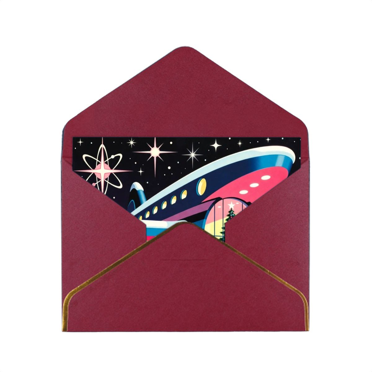🚀 Atomic Kitsch Golden Edge Greeting Card – Spaceport Christmas Edition (Horizontal)