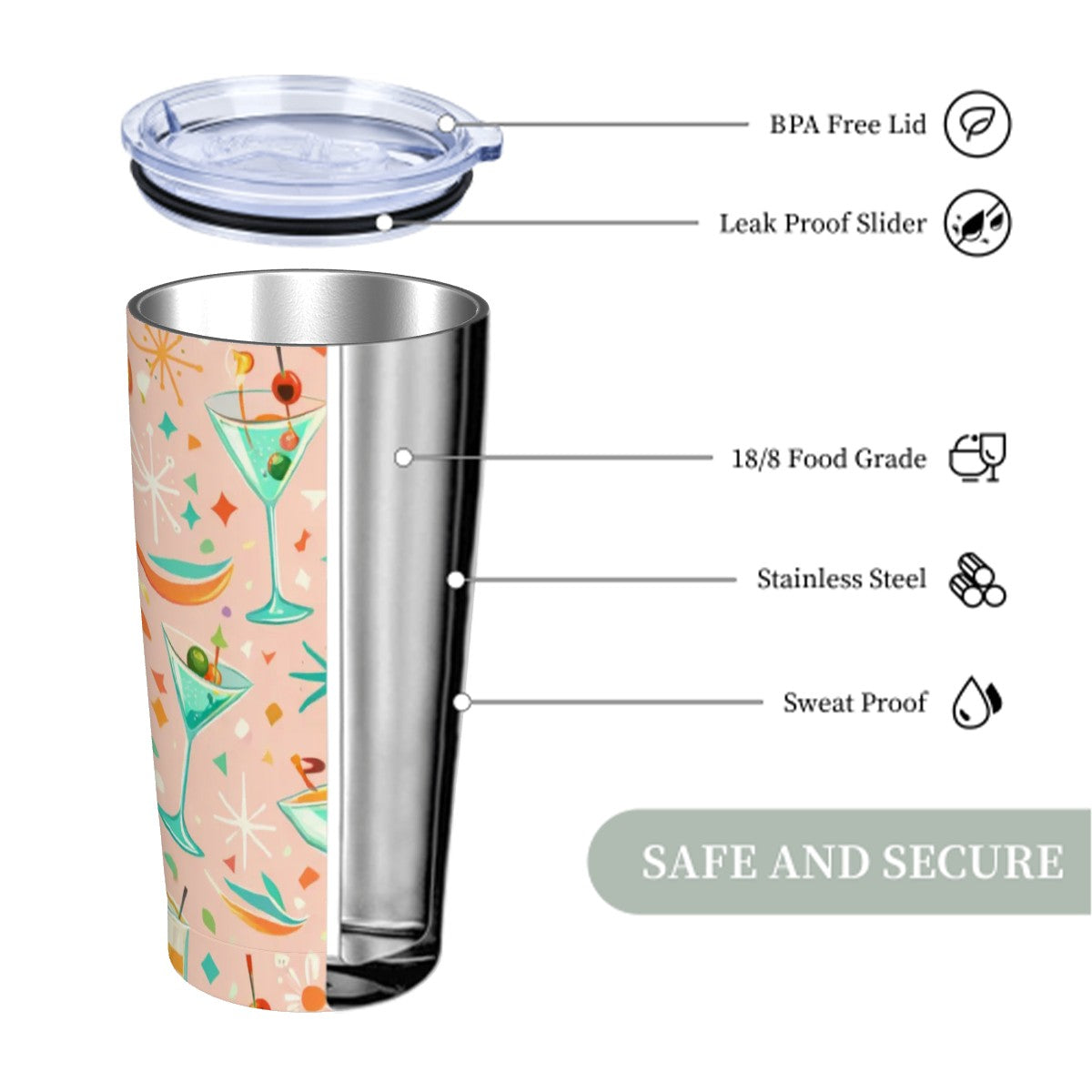 🍹 Atomic Cocktail Stainless Steel Tumbler with Lid & Straw – 20oz