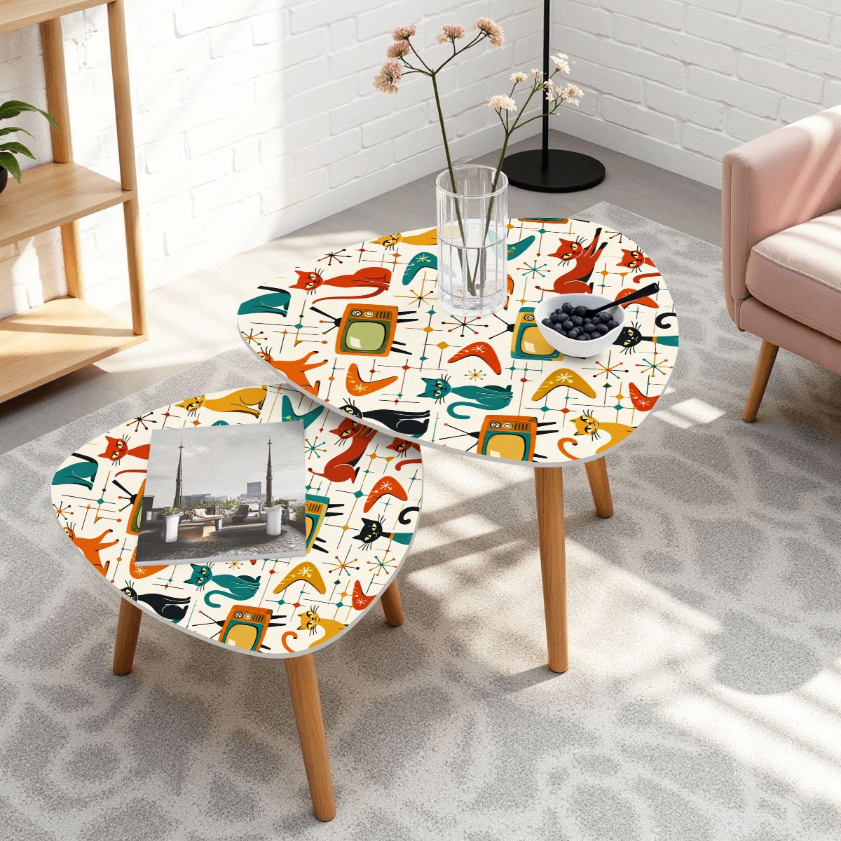 🦊 Atomic Forest Triangle Coffee Table Set – MCM Nesting Duo (Made in USA)