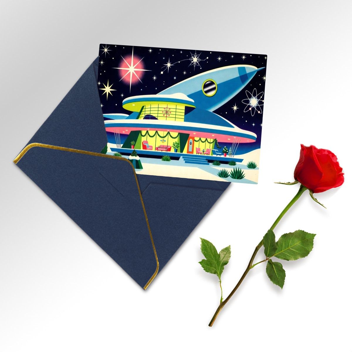 🚀 Atomic Kitsch Golden Edge Greeting Card – Rocket & Retro Building Edition (Horizontal)