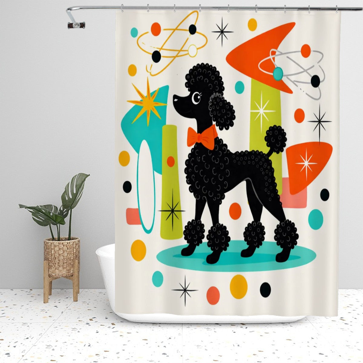 🐩 Atomic Poodle Bathroom Shower Curtain – 60"x72"