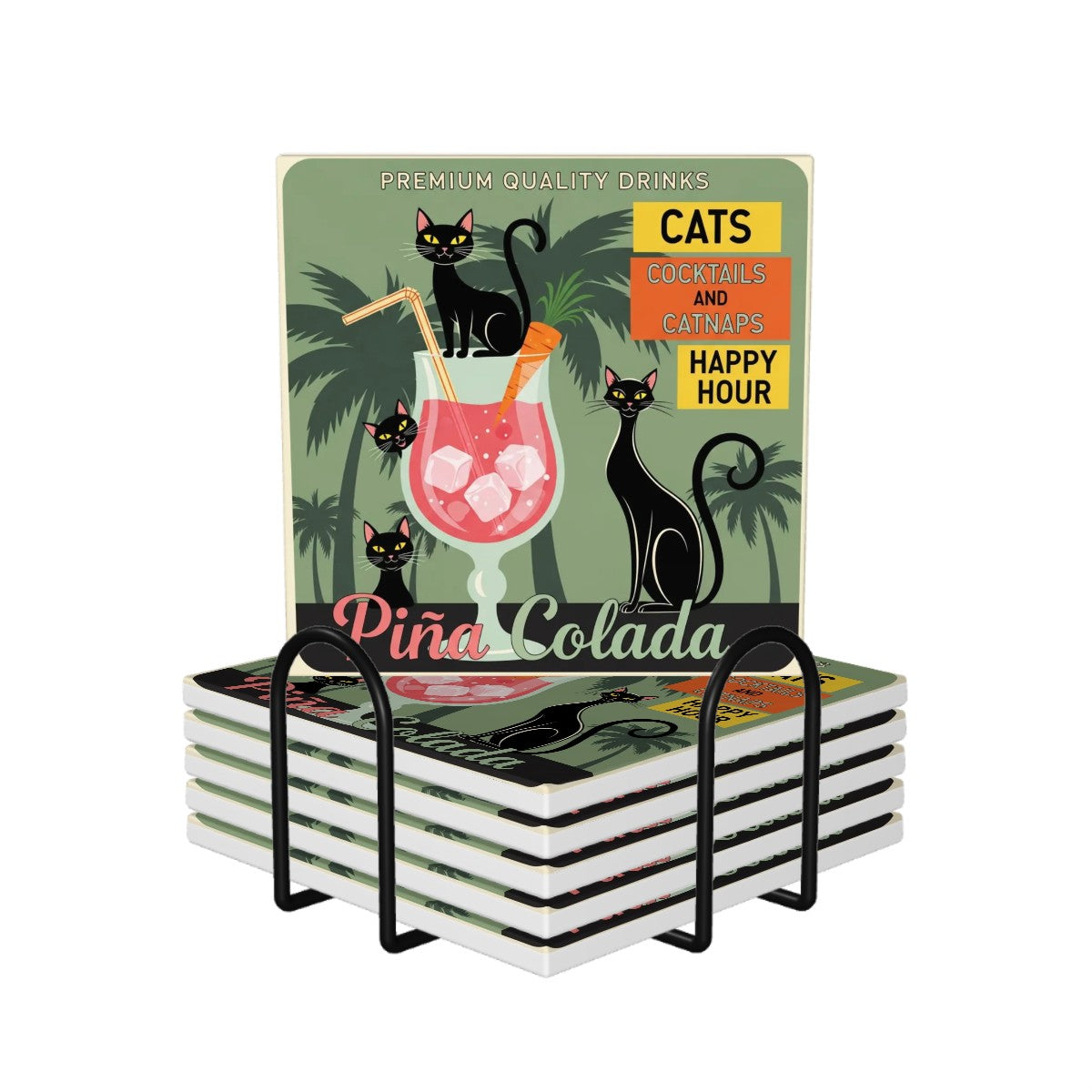 🍹 Cats & Cocktails Ceramic Coaster Set – 6-Piece MCM Happy Hour Edition