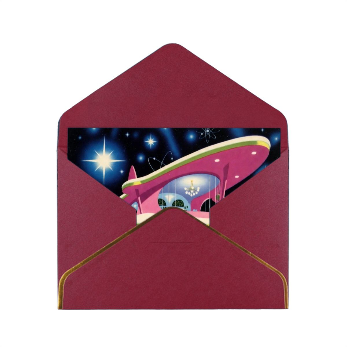 👽 Atomic Kitsch Golden Edge Greeting Card – Alien Holiday Spacecraft Edition (Horizontal)