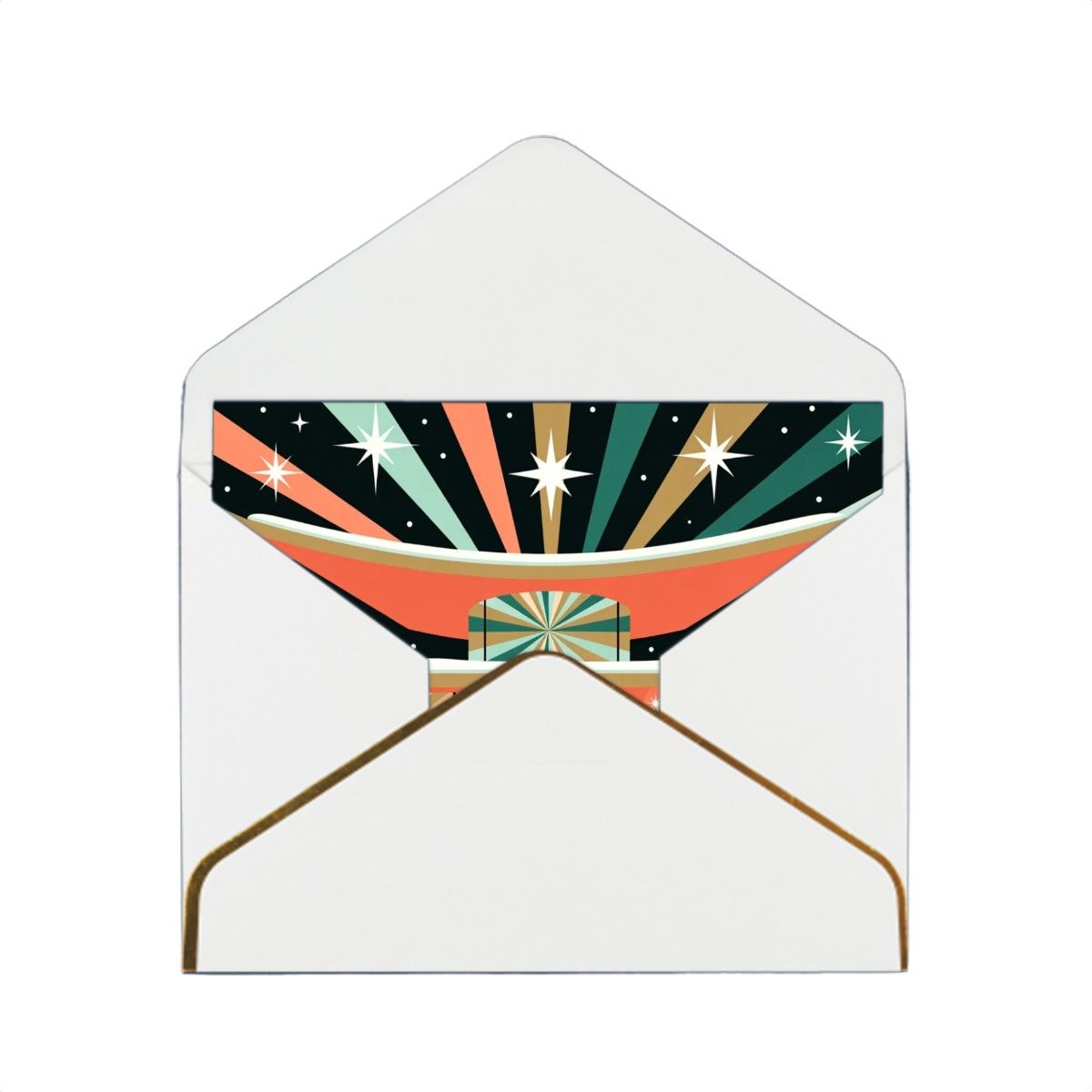 🌞 Atomic Kitsch Golden Edge Greeting Card – Sunburst & Silhouette Edition (Horizontal)